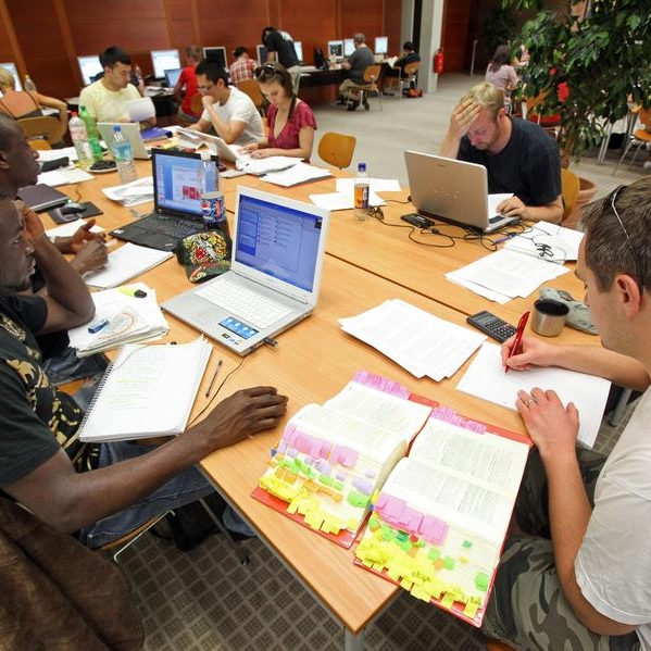 Studenten sitzen in der Bibliothek an Hausarbeiten. Diese sind gar nicht so schwer, wenn ein paar Regeln beachtet werden.