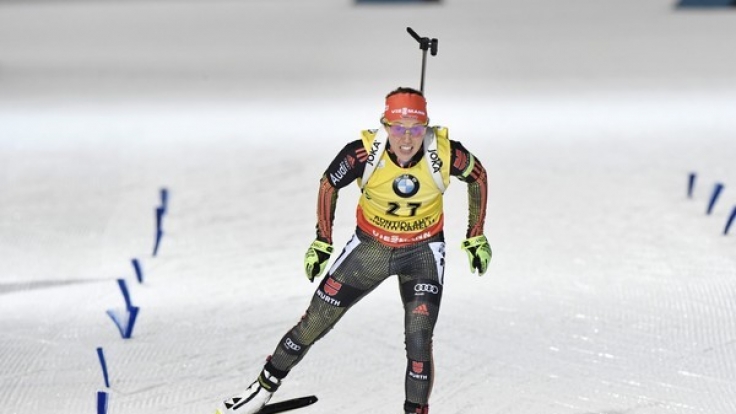Laura Dahlmeier aus Deutschland am 10. März bei ihrem Lauf während des IBU Biathlon Weltcup in Kontiolahti (Finnland).