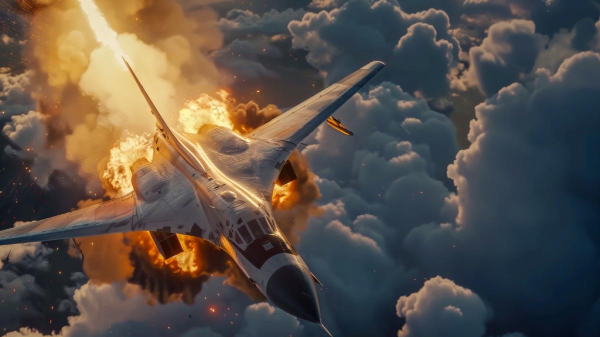 Das KI-Foto zeigt einen brennenden Russen-Bomber vom Typ Tu-22M3. (Foto)