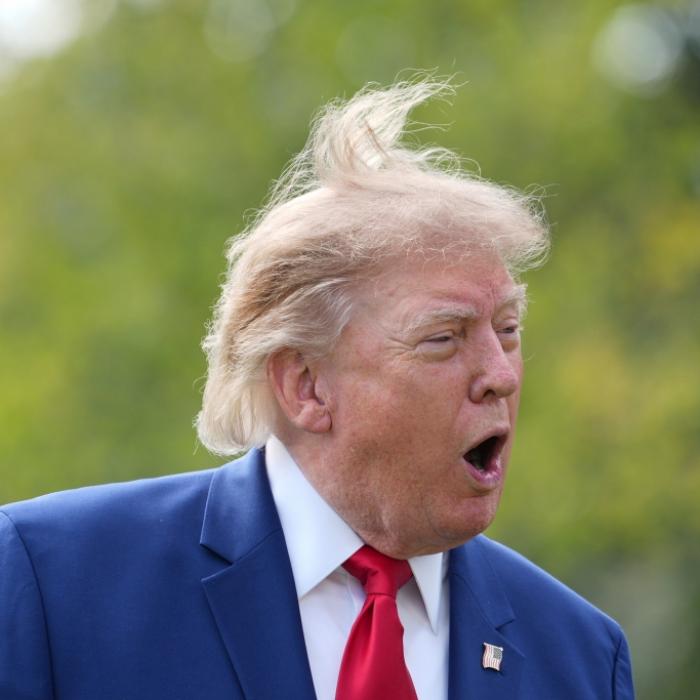 Die Haare von Donald Trump werden kräftig durcheinandergewirbelt.