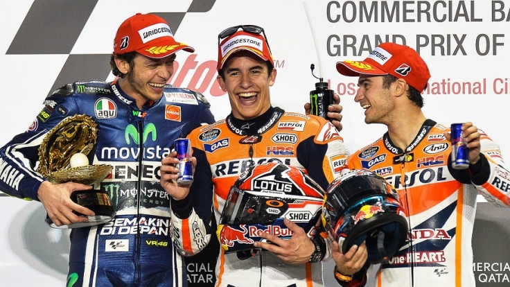 Das Podium bei MotoGP-Auftaktrennen in Katar (von links): Valentino Rossi, Marc Marquez und Dani Pedrosa.