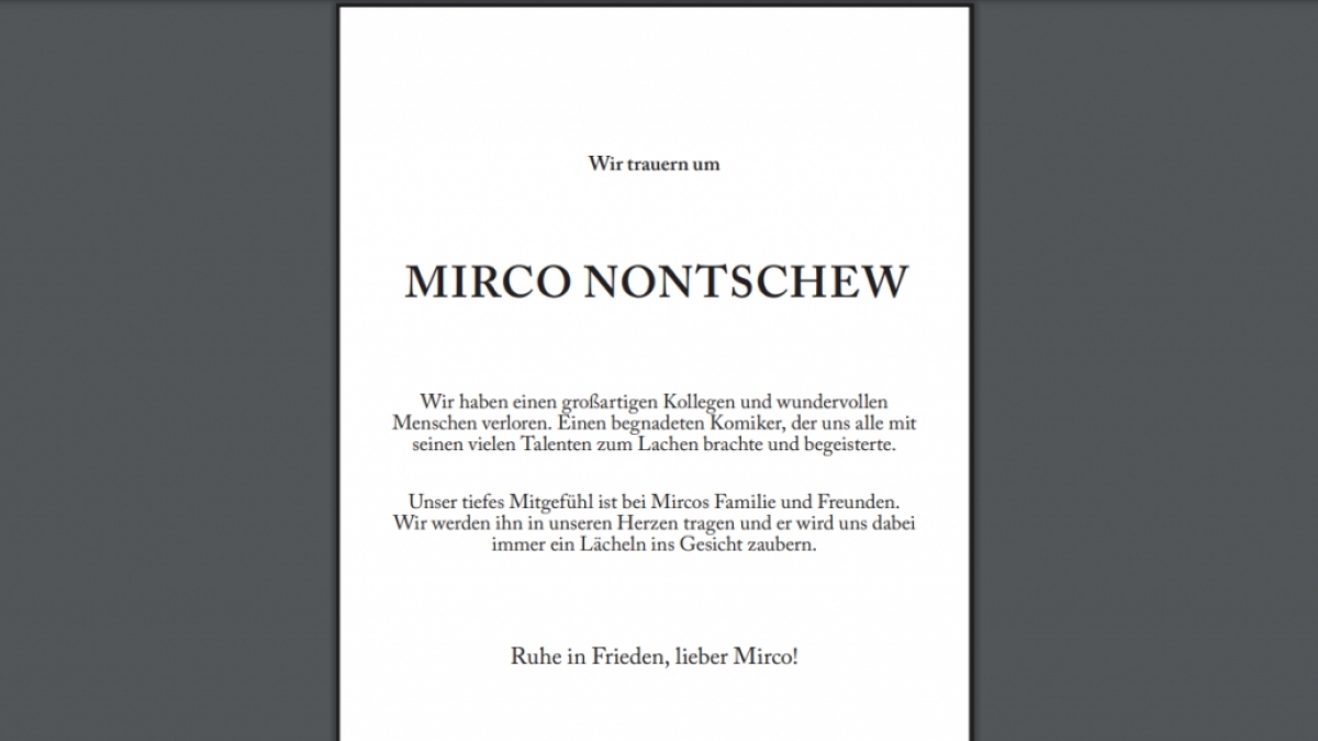 Constantin Entertainment und Amazon Studios schalteten eine r&uuml;hrende Todesanzeige zu Ehren von Mirco Nontschew in der "S&uuml;ddeutschen Zeitung". (Foto)