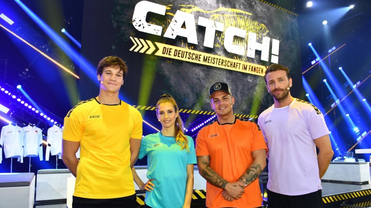 Die Kandiaten von "Catch! Die Deutsche Meisterschaft im Fangen": Wincent Weiss, Cathy Hummels, Pietro Lombard und Christian D&uuml;ren. (Foto)