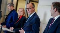 Markus Söder, Bärbel Bas, Bundeskanzler Friedrich Merz und Lars Klingbeil geben am Rande des Koalitionsausschusses eine Pressekonferenz zum neu beschlossenen Wachstums- und Energiepaket.