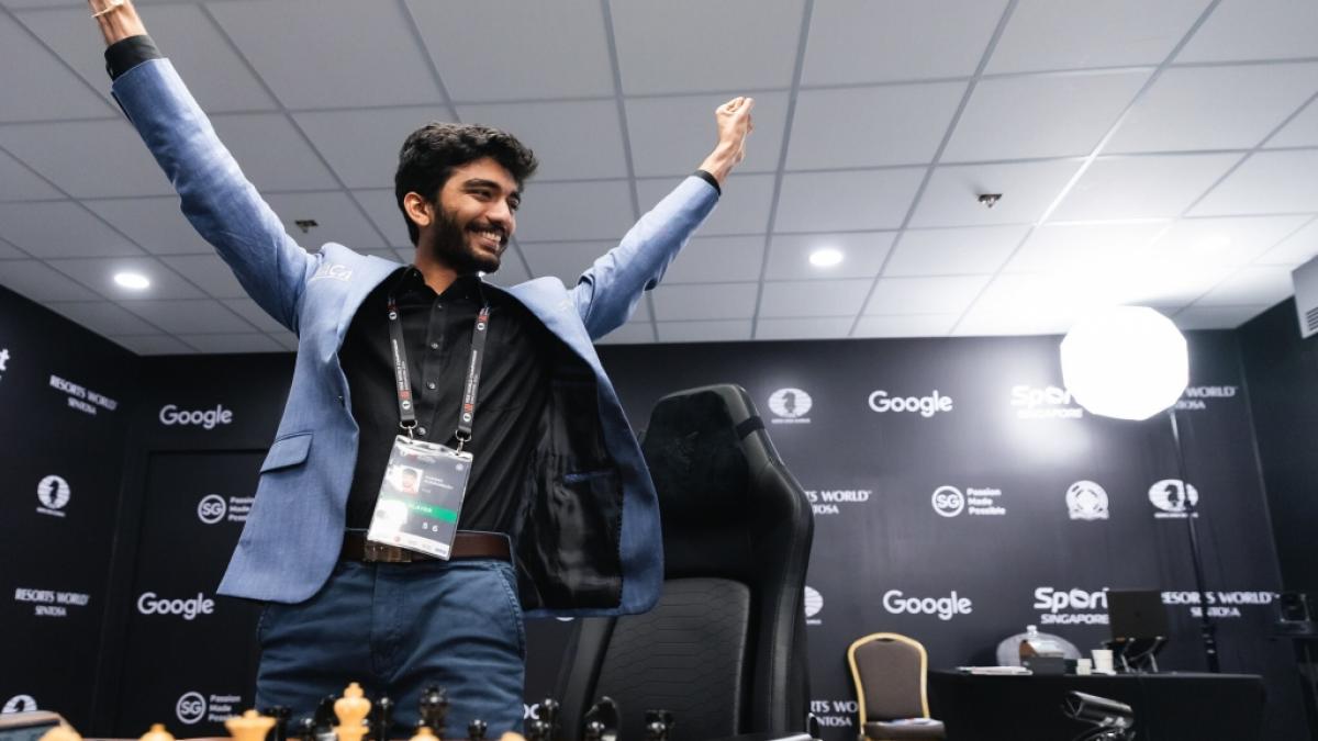 Dommaraju Gukesh im Freudentaumel: Der 18-J&auml;hrige aus Indien ist der j&uuml;ngste Schach-Weltmeister aller Zeiten. (Foto)