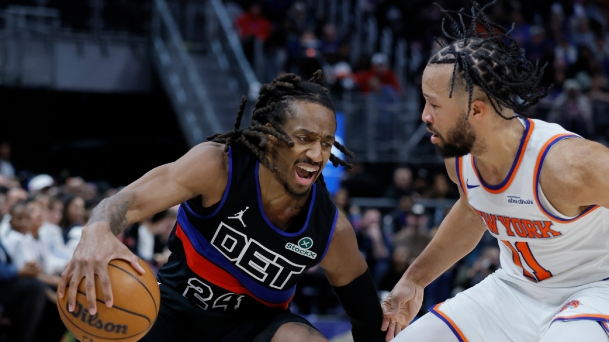 Daniss Jenkins von den Detroit Pistons spielt gegen Jalen Brunson von den New York Knicks, am 07.02.2026. (Symbolbild) (Foto)
