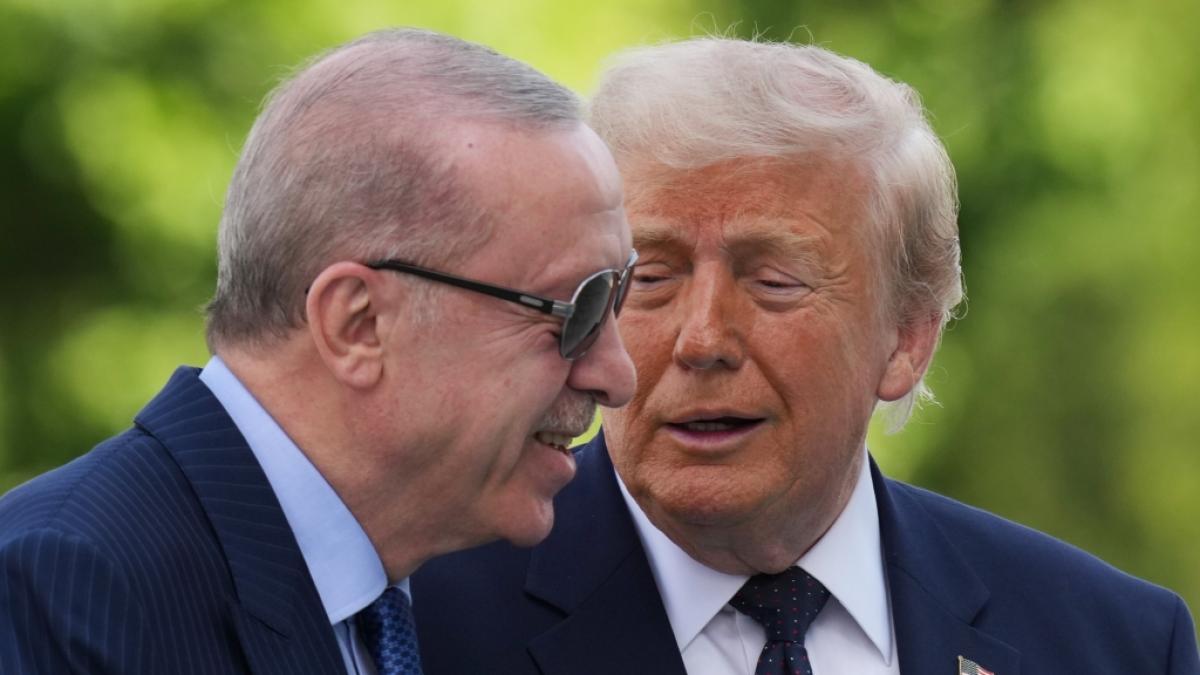 Der t&uuml;rkische Pr&auml;sident Erdogan f&uuml;hrt den vermeintlich umherwandernden Trump nach dessen Ankunft in Ankara. (Foto)