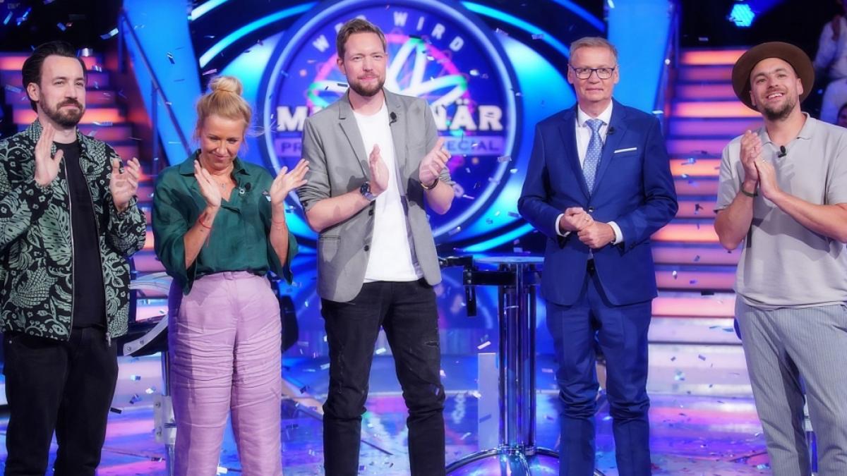 v.l.: Jan K&ouml;ppen, Andrea Kiewel, Bastian Bielendorfer, Moderator G&uuml;nther Jauch, Max Mutzke (Foto)